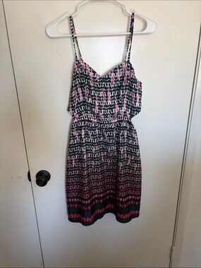 American Eagle Outfitters Black and Pink Patterned Spaghetti-Strap Mini Dress